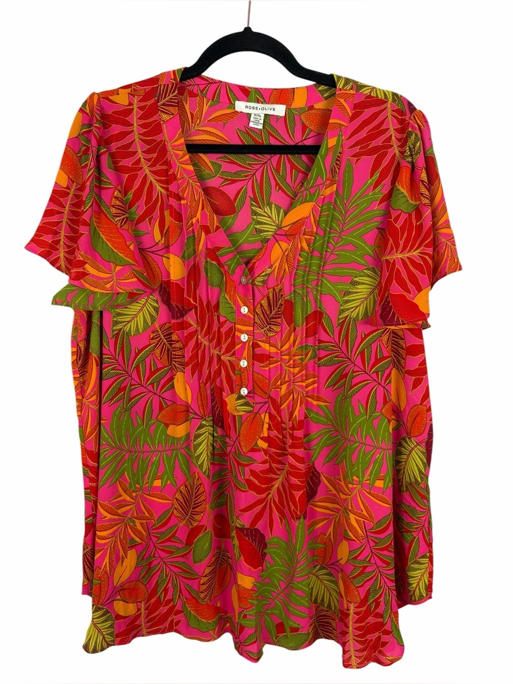 Rose + Olive Tropical Leaf Print Blouse 1X Pink Flutter Sleeve Henley Top